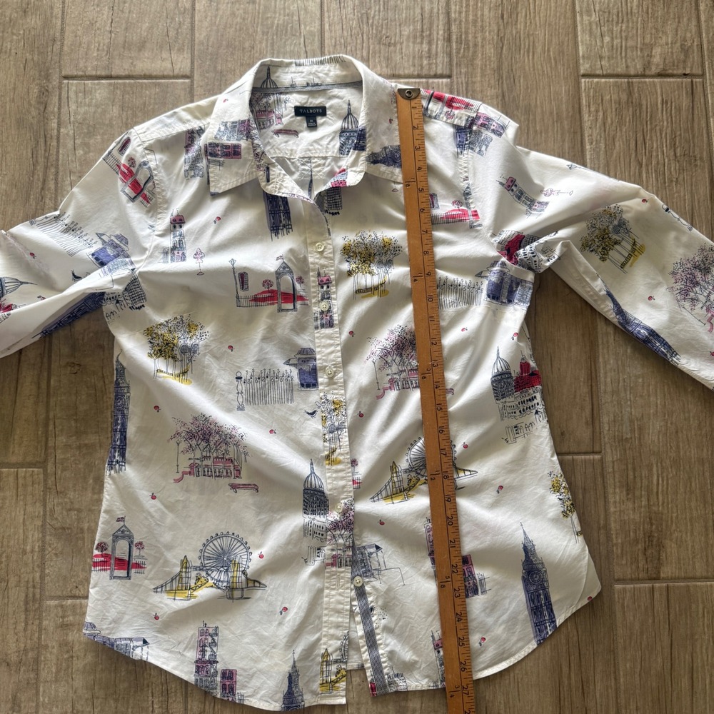 Talbots Womens London Landmark Novelty Print Button Down Shirt White Size M Long - Picture 9 of 11